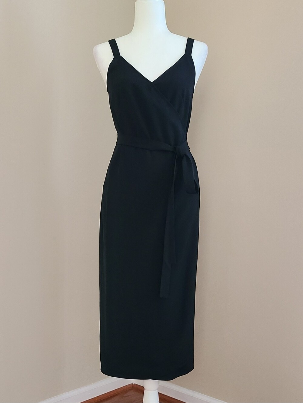 New Everlane Black Wrap Midi Dress Size 4 Triacetate Tie Waist Sleeveless